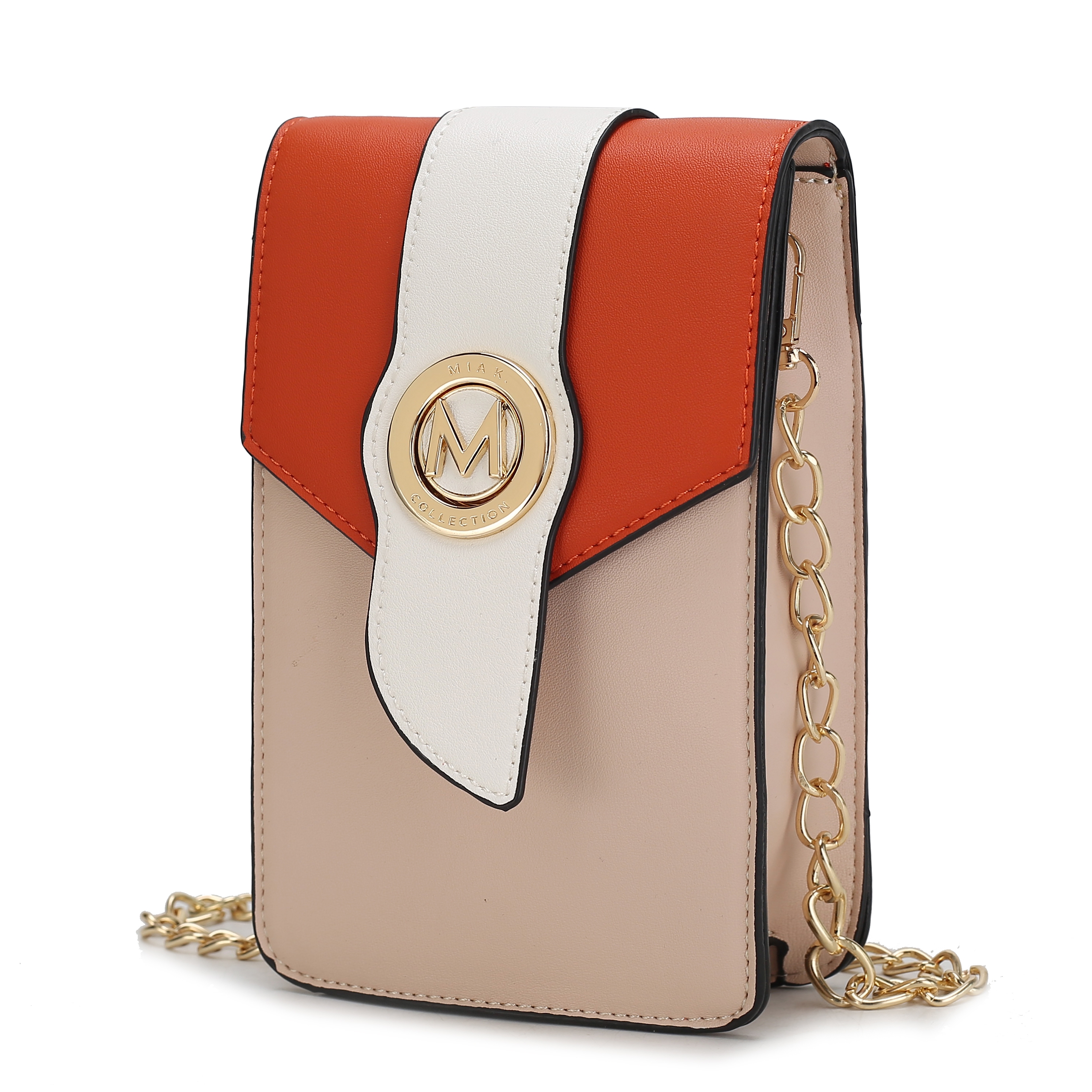 A small, multi-colored crossbody bag with a top flap in orange and white, featuring a gold M logo emblem. It has a beige body and a gold chain strap.