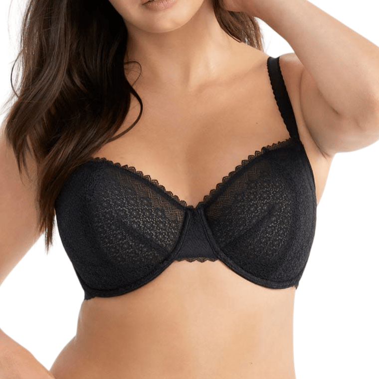 A woman wears a black lace lingerie set, featuring a scalloped balconette bra and matching panties.