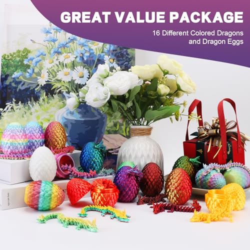 A collection of 16 colorful dragon and egg toys displayed among flowers and a small gift box, labeled as a \“Great Value Package\“.
