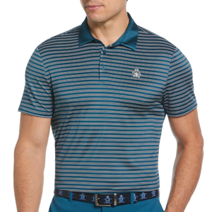 A man wears a blue and white striped polo shirt with a small logo on the chest, paired with a matching patterned belt and blue pants.