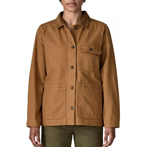 Brown button-up jacket with front pockets and a collar, worn over green pants.