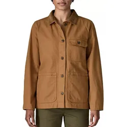 Brown button-up jacket with front pockets and a collar, worn over green pants.