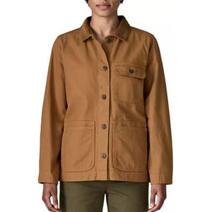 Brown button-up jacket with front pockets and a collar, worn over green pants.