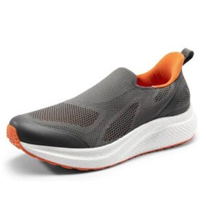 Gray slip-on athletic shoe with orange interior and accents, featuring a breathable mesh upper and a thick white textured sole.
