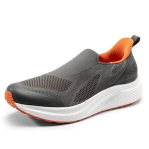Gray slip-on athletic shoe with orange interior and accents, featuring a breathable mesh upper and a thick white textured sole.