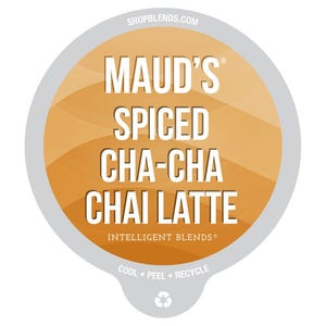 Maud's Spiced Cha-Cha Chai Latte by Intelligent Blends is featured, with instructions to cool, peel, and recycle.