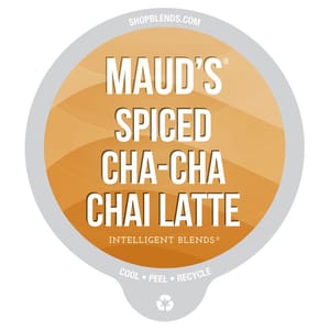 Maud's Spiced Cha-Cha Chai Latte by Intelligent Blends is featured, with instructions to cool, peel, and recycle.