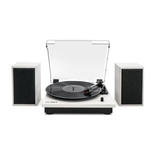 White turntable with a transparent dust cover and black vinyl record, flanked by two black and white speakers.