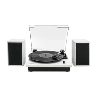 White turntable with a transparent dust cover and black vinyl record, flanked by two black and white speakers.