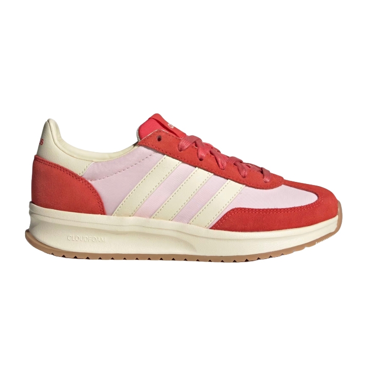 Red and pink Adidas sneaker with cream accents, featuring a Cloudfoam sole and the brand's signature three stripes on the side.