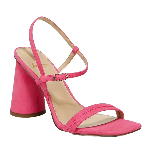 Bright pink suede slingback sandals featuring a chunky high heel, an adjustable strap with a buckle, and two straps across the toes.