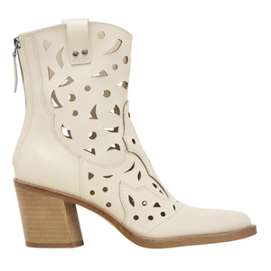 Cream-colored ankle boot with a chunky wooden heel and decorative cutout pattern, featuring a side zipper.