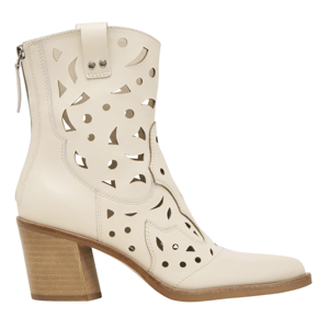 Cream-colored ankle boot with a chunky wooden heel and decorative cutout pattern, featuring a side zipper.