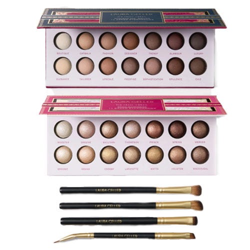 Two makeup palettes featuring a range of neutral and warm-toned eyeshadows, accompanied by four makeup brushes with black handles and gold accents.