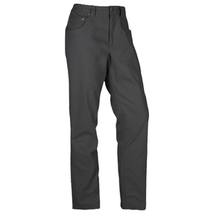 Dark gray pants with a straight fit, featuring a classic five-pocket design and a button closure.