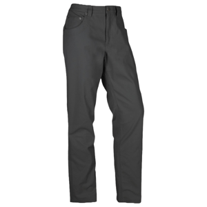 Dark gray pants with a straight fit, featuring a classic five-pocket design and a button closure.