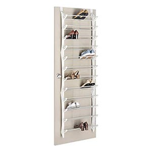 Over-the-door shoe rack with a white frame, designed to hold up to 36 pairs of shoes. The rack features multiple tiers with tension bars and hooks for easy organization and accessibility.