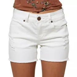White denim shorts featuring a frayed hem, distressed details on the front, and classic five-pocket styling.