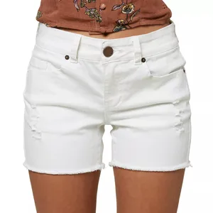 White denim shorts featuring a frayed hem, distressed details on the front, and classic five-pocket styling.