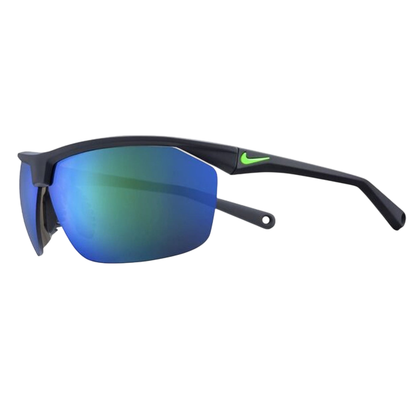 Nike sunglasses with blue-tinted lenses and a matte black frame featuring a green Nike logo on the side.