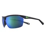 Nike sunglasses with blue-tinted lenses and a matte black frame featuring a green Nike logo on the side.