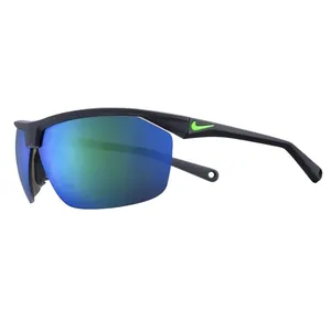 Nike sunglasses with blue-tinted lenses and a matte black frame featuring a green Nike logo on the side.
