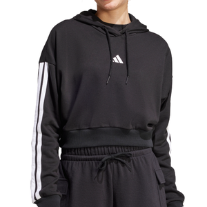 A black Adidas cropped hoodie with white stripes on the sleeves and a logo on the chest, paired with black drawstring track pants.