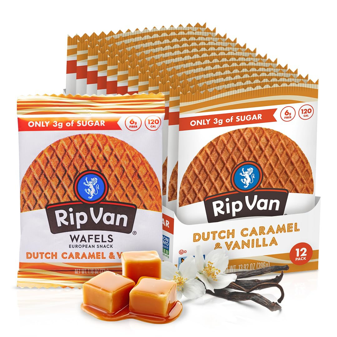 Rip Van Dutch Caramel & Vanilla Stroopwafels, 12-pack, feature 6g fiber, 120 calories, and only 3g of sugar per wafel, with a focus on non-GMO ingredients. Packaging includes caramel cubes and vanilla flowers for visual appeal.