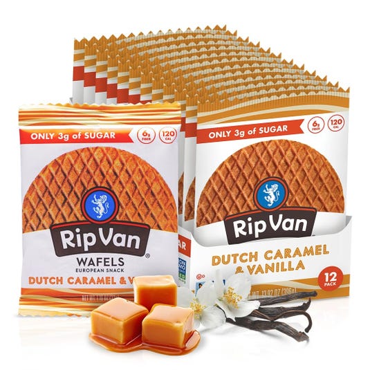 Rip Van Dutch Caramel & Vanilla Stroopwafels, 12-pack, feature 6g fiber, 120 calories, and only 3g of sugar per wafel, with a focus on non-GMO ingredients. Packaging includes caramel cubes and vanilla flowers for visual appeal.