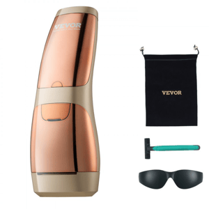 The Vevor Hair Remover is a sleek, two-tone device used for hair removal, accompanied by a black storage pouch, a teal-handled razor, and protective goggles.
