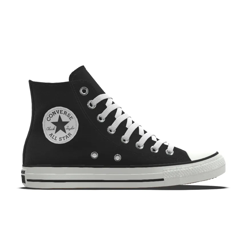 Black high-top sneaker with white laces and a classic circular logo on the inner ankle.
