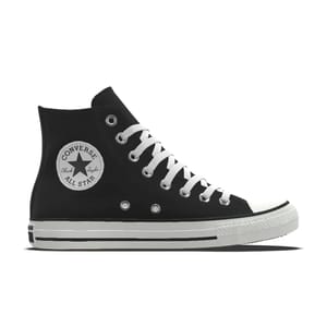 Black high-top sneaker with white laces and a classic circular logo on the inner ankle.