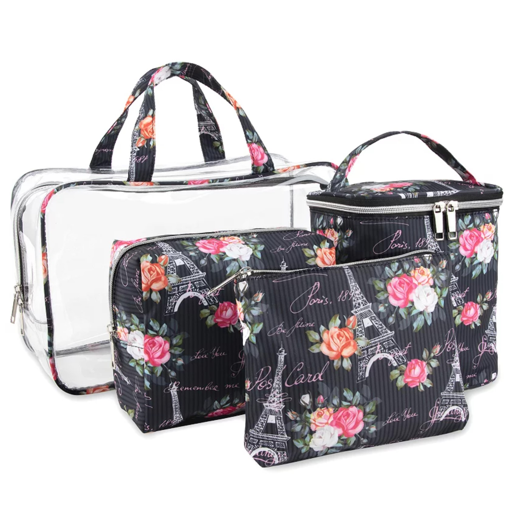 Set of floral and clear cosmetic bags, including a large transparent bag, two smaller floral pouches, and a floral zippered case with Paris-themed designs featuring the Eiffel Tower and roses.