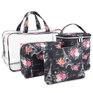 Set of floral and clear cosmetic bags, including a large transparent bag, two smaller floral pouches, and a floral zippered case with Paris-themed designs featuring the Eiffel Tower and roses.