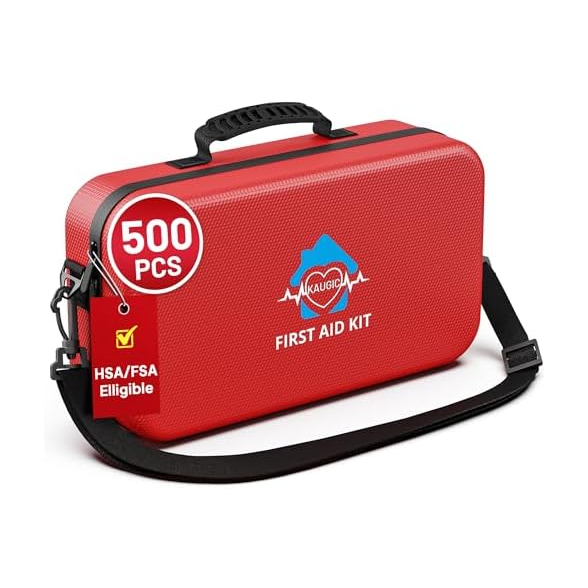 Red first aid kit with 500 pieces, featuring HSA/FSA eligibility and a carrying strap.