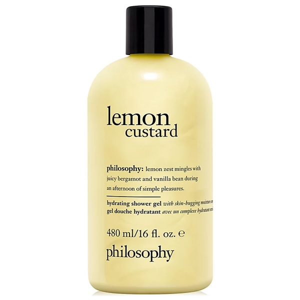 Philosophy Lemon Custard Hydrating Shower Gel, 480 ml (16 fl. oz.), combines lemon zest with bergamot and vanilla bean for a refreshing cleansing experience.
