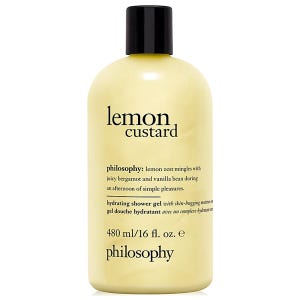 Philosophy Lemon Custard Hydrating Shower Gel, 480 ml (16 fl. oz.), combines lemon zest with bergamot and vanilla bean for a refreshing cleansing experience.