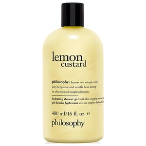 Philosophy Lemon Custard Hydrating Shower Gel, 480 ml (16 fl. oz.), combines lemon zest with bergamot and vanilla bean for a refreshing cleansing experience.