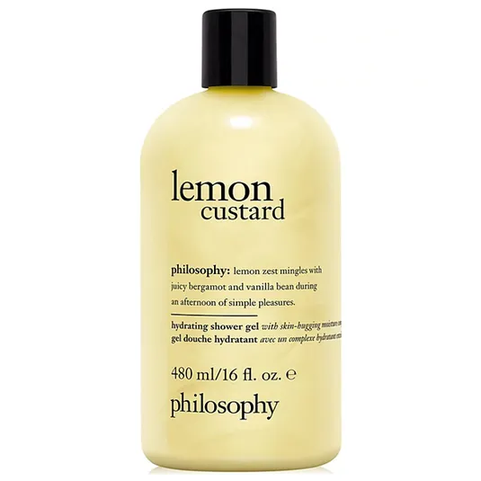 Philosophy Lemon Custard Hydrating Shower Gel, 480 ml (16 fl. oz.), combines lemon zest with bergamot and vanilla bean for a refreshing cleansing experience.