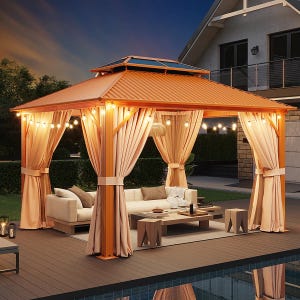 Aluminum gazebo with LED lights, beige curtains, and outdoor seating, set on a wooden deck by a pool.