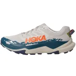 A Hoka brand trail running shoe in white with blue and orange accents, featuring a rugged sole for off-road traction.