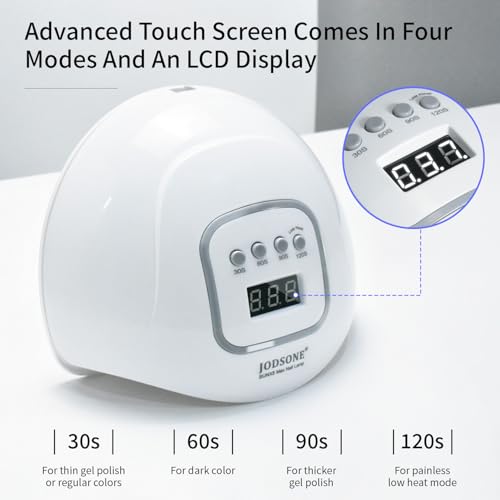 A nail lamp with an advanced touch screen offers four timer modes (30s, 60s, 90s, 120s) for different gel polish types and an LCD display.
