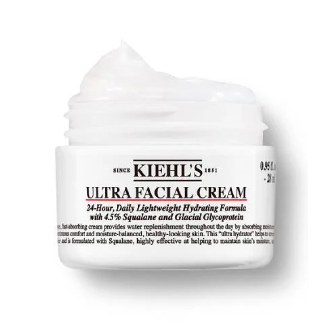 Kiehl's Ultra Facial Cream, 0.95 oz, is a 24-hour lightweight hydrating formula containing 4.5% squalane and glacial glycoprotein.