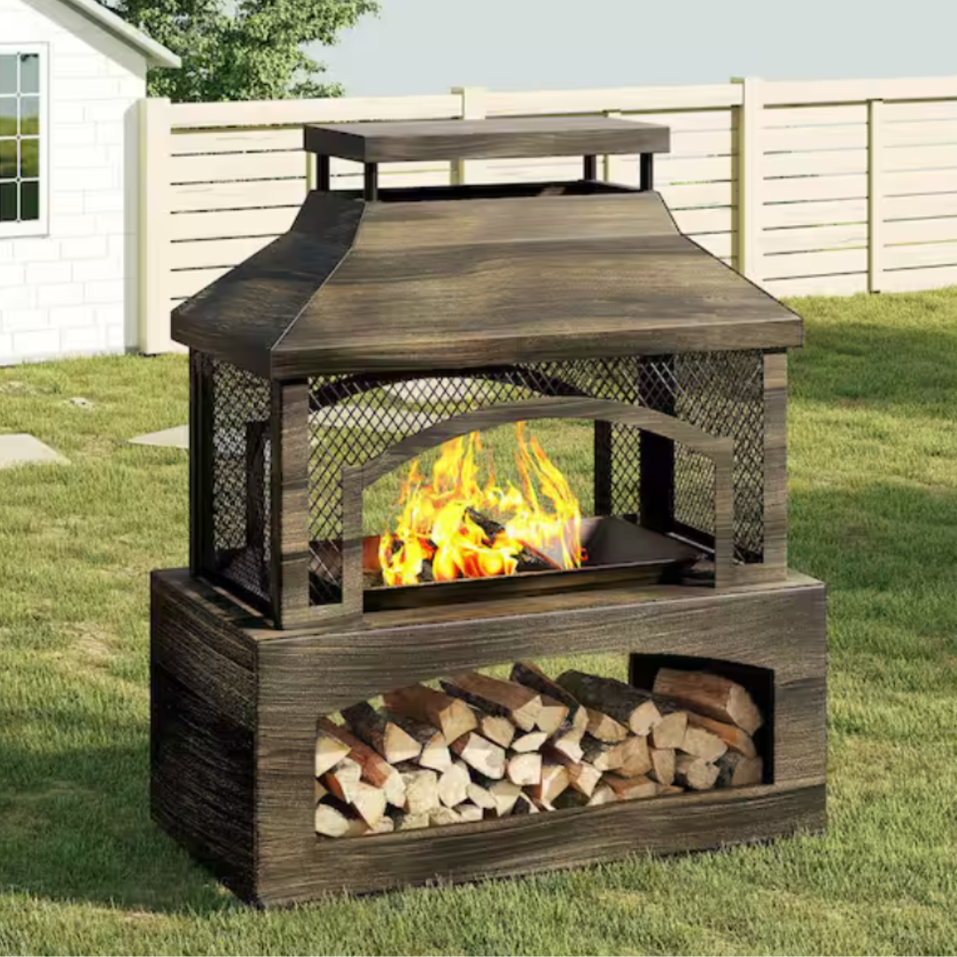 Outdoor fire pit with a mesh cover and a wood storage compartment below, set in a grassy yard.