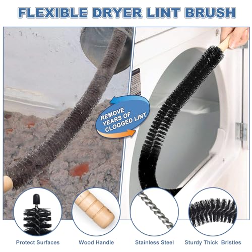 Flexible dryer lint brush with a wooden handle, stainless steel body, and sturdy thick bristles, designed to remove years of clogged lint and protect surfaces.