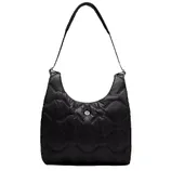 A black quilted shoulder bag with a padded strap and a central round logo detail, featuring a spacious design.