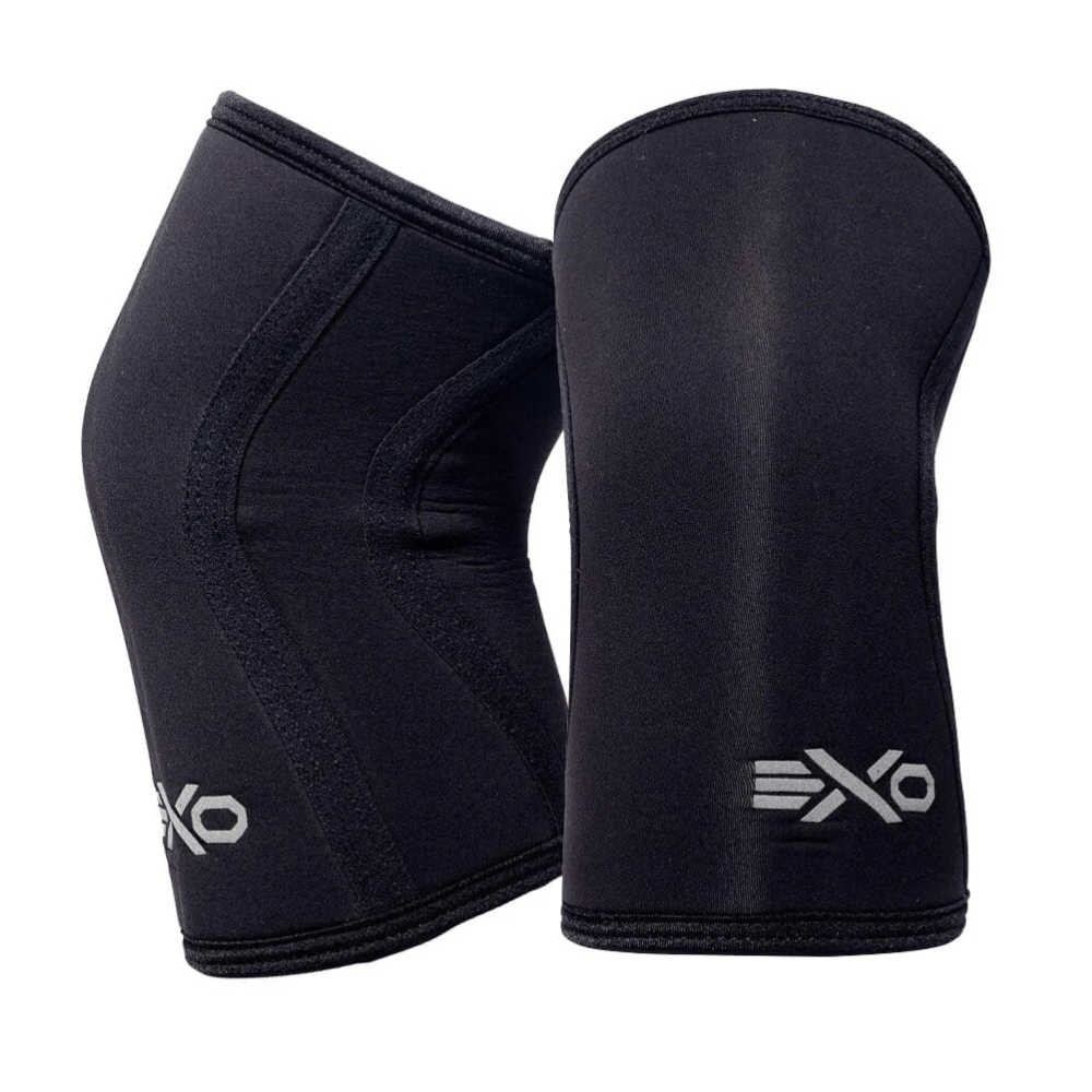 Black knee sleeves with a minimalist design, featuring a small \“EXO\“ logo on each.