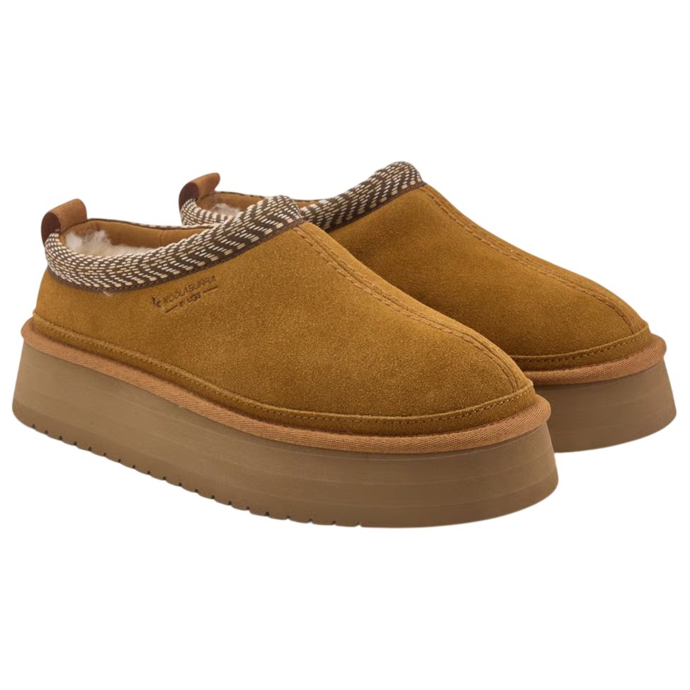 A pair of brown suede slip-on platform slippers with textured collars and thick rubber soles. The interior is lined with plush material for comfort and warmth.