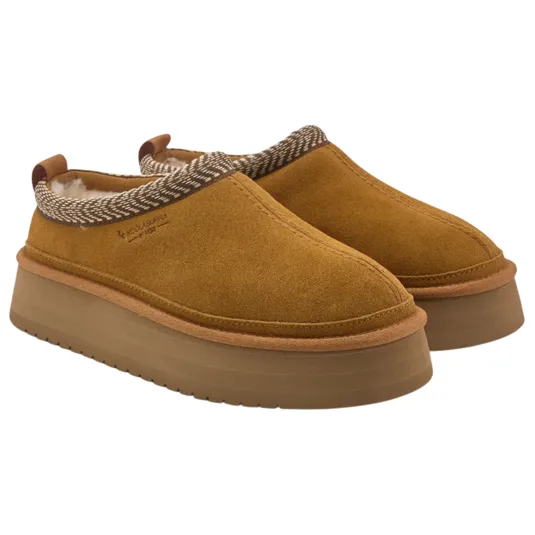 A pair of brown suede slip-on platform slippers with textured collars and thick rubber soles. The interior is lined with plush material for comfort and warmth.