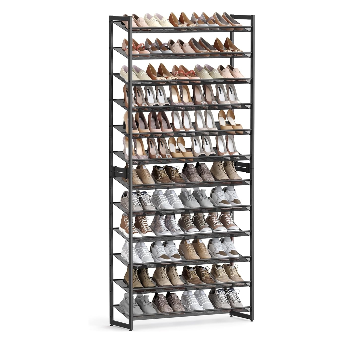 A tall, multi-tiered shoe rack displays a variety of shoes, including high heels, sneakers, and loafers, in a compact, organized manner, using a black metal frame and angled shelves.